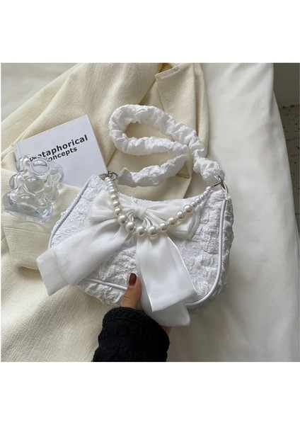 Beyaz Fold 2 20X6.5X12CM Moda Inci Zincirler Tasarım Kadın Omuz Messenger Çanta Tatlı Yay Bayanlar Crossbody Çanta Çiçek Desen Kadın Kare Çanta (Yurt Dışından)