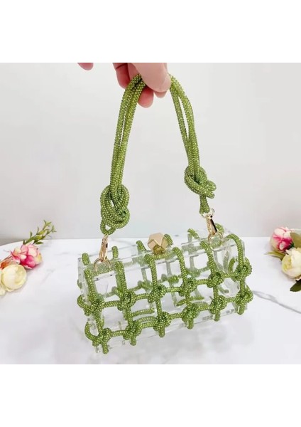 Yeşil Mini (Maksimum UZUNLUK<20CM) 2023 Kristal Süslenmiş Halat Akrilik Debriyaj Rhinestones Akşam Omuz Çantası Kristal Kadınlar Lüks Temizle Parti Düğün Düğüm Çanta (Yurt Dışından) modelleri
