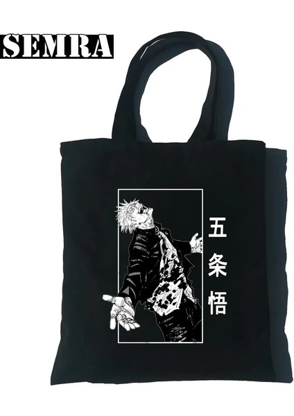 B2059-3 Gojo Satoru Kadın Kanvas Tote Alışveriş Çantası Kız Jujutsu Kaisen Takımı Omuz Çantaları Bayan Büyük Kapasiteli Vahşi Messenger Çanta (Yurt Dışından)