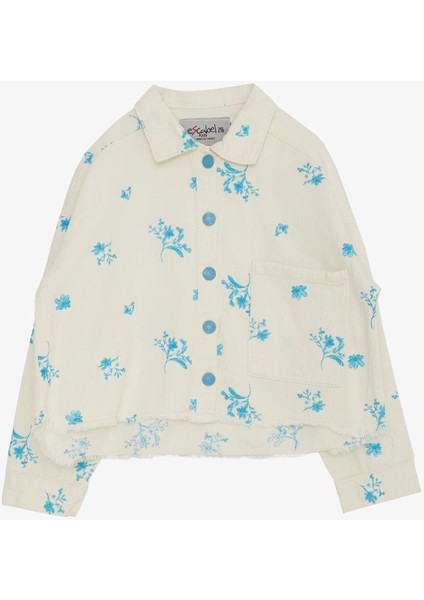 Kız Çocuk Jean Ceket Çiçek Nakışlı Kemer Boy 10-14 Yaş, Krem