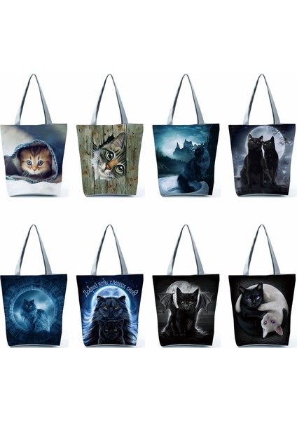 HL3920 Sevimli Kedi Yeniden Kullanılabilir Yıldızlı Gökyüzü Kedi Kolu Tote Çanta Fermuarlı Eko Alışveriş Çantası Market Çevre Dostu Omuz Çantası Bakkal Büyük Piknik Çantası (Yurt Dışından) indirimleri