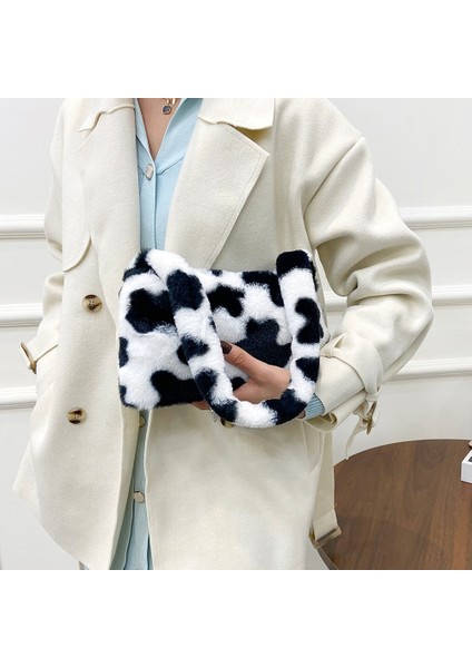 K Moda Kadın Inek Baskı Mini Omuz Çantaları Kadın Kış Peluş Koltukaltı Çanta Yumuşak Kabarık Bez Çantalar Küçük Çantalar Alışveriş Tote (Yurt Dışından) modelleri