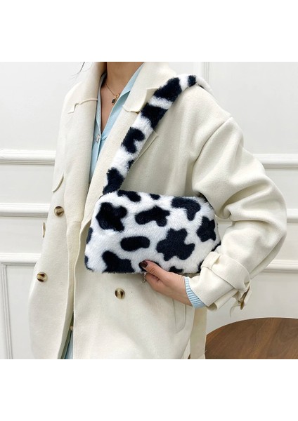 K Moda Kadın Inek Baskı Mini Omuz Çantaları Kadın Kış Peluş Koltukaltı Çanta Yumuşak Kabarık Bez Çantalar Küçük Çantalar Alışveriş Tote (Yurt Dışından) fırsatları