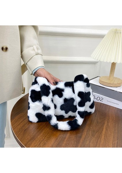K Moda Kadın Inek Baskı Mini Omuz Çantaları Kadın Kış Peluş Koltukaltı Çanta Yumuşak Kabarık Bez Çantalar Küçük Çantalar Alışveriş Tote (Yurt Dışından) indirimleri