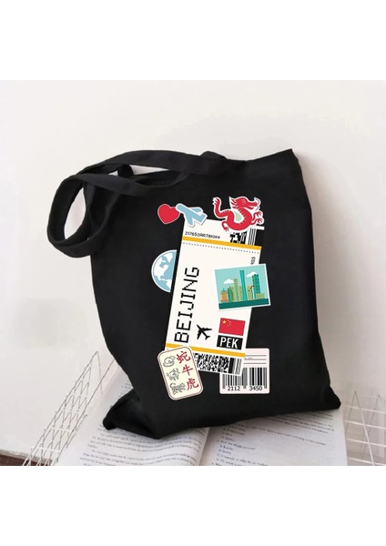A3 35X40CM Biniş Kartı Singapur Seul La Kahire Uçak Bileti Sevimli 3D Tokyo Baskılı Kadın Alışveriş Bayan Siyah Omuz Kanvas Çanta (Yurt Dışından)