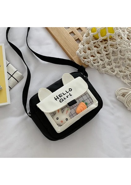 Siyah 2022 Kadın Kanvas Çanta Karikatür Tavşan Postacı Çantası Kadınlar Için Öğrenci Sevimli Kız Omuzdan Askili Çanta Bayanlar Alışveriş Çantası Crossbody (Yurt Dışından)