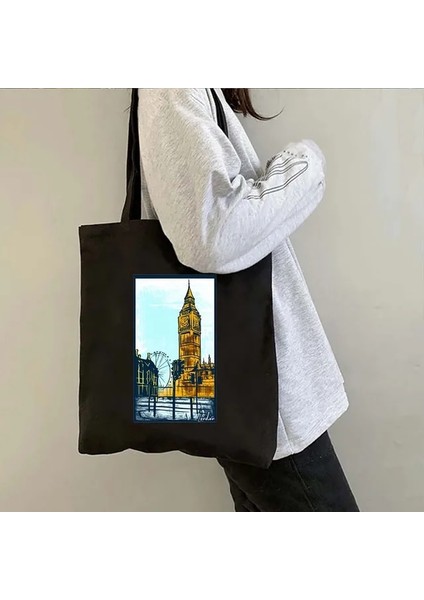 B 33 35X40CM Londra Köprüsü Big Ben Ingiltere Bayrağı Haritası Omuz Alışveriş Kanvas Tote Çanta Manzara Skyline Birleşik Krallık Ingiliz Kadın Çanta (Yurt Dışından)