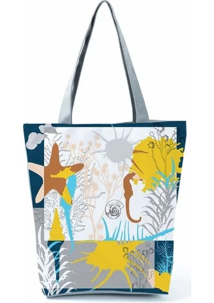 HL1168 Okyanus Kabuğu Baskı Tote Çanta Omuz Çantası Pratik Rahat Tote Katlanabilir Yeniden Kullanılabilir Alışveriş Çantaları Yüksek Kapasiteli Taşınabilir Plaj Çantası (Yurt Dışından)