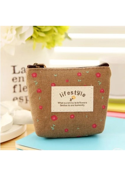 Kahve Moda Çiçek Deseni Bozuk Para Çantaları Küçük Taze Kanvas Para Cüzdan Bayan Kız Kulaklık Para Anahtarı Para Saklama Çantası Fermuarlı Kese (Yurt Dışından)