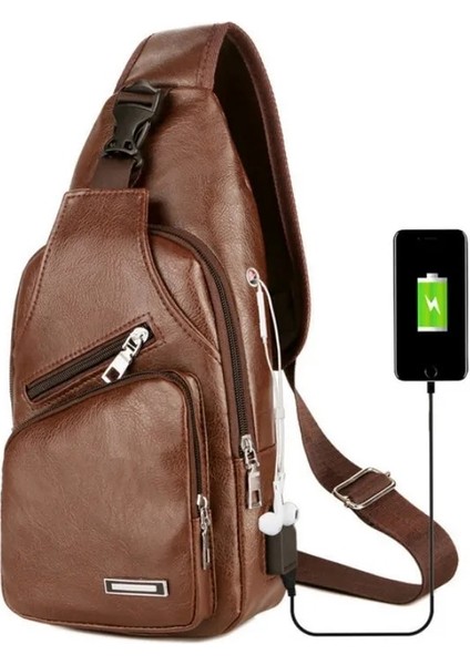 Stil 2 Erkek USB Şarj Göğüs Çantası Kulaklık Deliği ile Çok Fonksiyonlu Tek Askı Anti-Hırsızlık Göğüs Çantası Ayarlanabilir Omuz Askılı (Yurt Dışından)