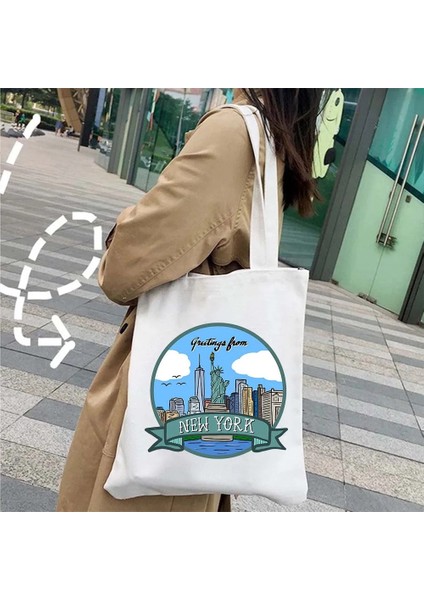 B 153 35X40CM Sevimli Özgürlük Heykeli New York Nyc Şehir Skyline Apple Giants Futbol Nyc Metro Diyagramı Shopper Kanvas Tote Çanta Pamuk Çanta (Yurt Dışından) fırsatları
