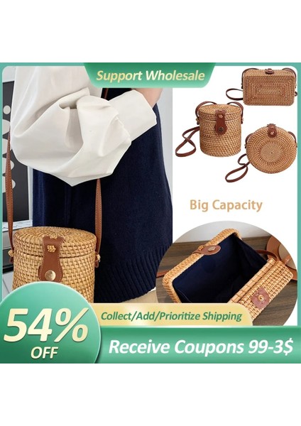 Kova Kare Yuvarlak Çok Stil Hasır Çanta Çanta Kadın Yaz Rattan Çanta El Yapımı Dokuma Plaj Daire Bohemia Çanta Büyük Kapasiteli (Yurt Dışından) fiyatları