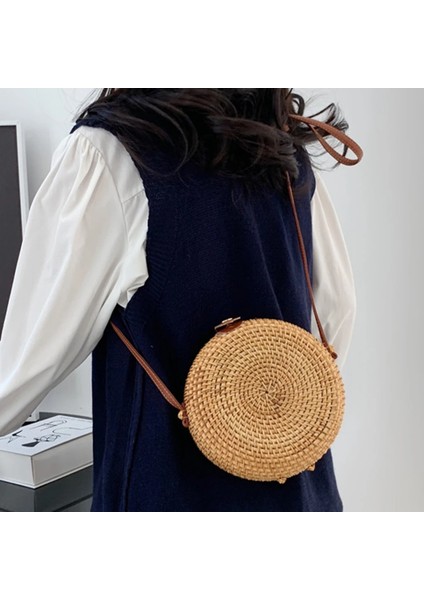 Kova Kare Yuvarlak Çok Stil Hasır Çanta Çanta Kadın Yaz Rattan Çanta El Yapımı Dokuma Plaj Daire Bohemia Çanta Büyük Kapasiteli (Yurt Dışından) indirimleri