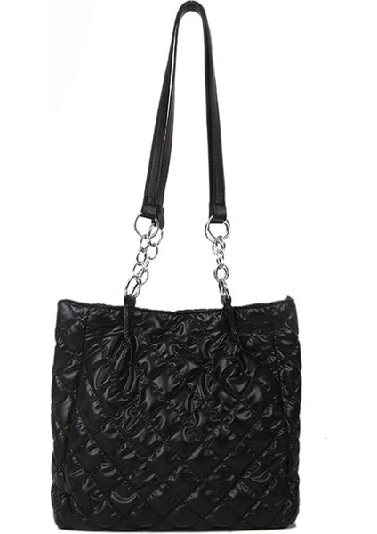 Siyah Sonbahar Kış Kadın Tote Çanta Kapitone Pamuk Yastıklı Üst Saplı Çanta Büyük Kapasiteli Zincir Katı Seyahat Çantası Okul Ofis Için (Yurt Dışından)