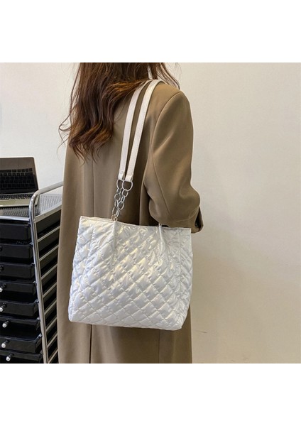 Siyah Sonbahar Kış Kadın Tote Çanta Kapitone Pamuk Yastıklı Üst Saplı Çanta Büyük Kapasiteli Zincir Katı Seyahat Çantası Okul Ofis Için (Yurt Dışından) fırsatları