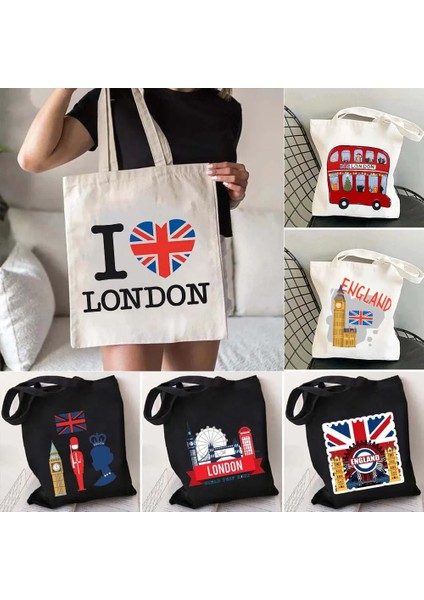 B 31 35X40CM Londra Köprüsü Big Ben Ingiltere Bayrağı Haritası Omuz Alışveriş Kanvas Tote Çanta Manzara Skyline Birleşik Krallık Ingiliz Kadın Çanta (Yurt Dışından)
