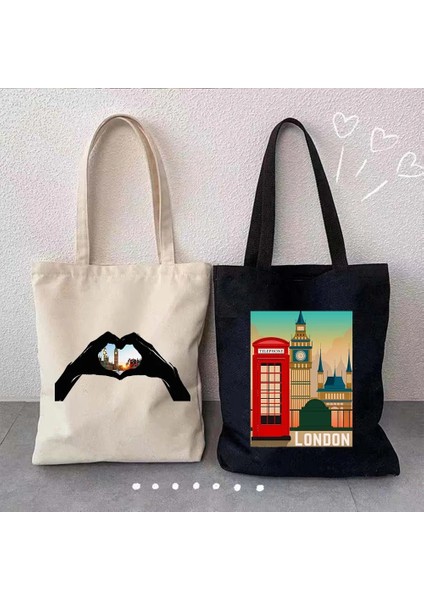 B 31 35X40CM Londra Köprüsü Big Ben Ingiltere Bayrağı Haritası Omuz Alışveriş Kanvas Tote Çanta Manzara Skyline Birleşik Krallık Ingiliz Kadın Çanta (Yurt Dışından)