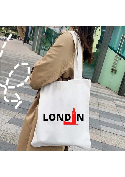 B 31 35X40CM Londra Köprüsü Big Ben Ingiltere Bayrağı Haritası Omuz Alışveriş Kanvas Tote Çanta Manzara Skyline Birleşik Krallık Ingiliz Kadın Çanta (Yurt Dışından)