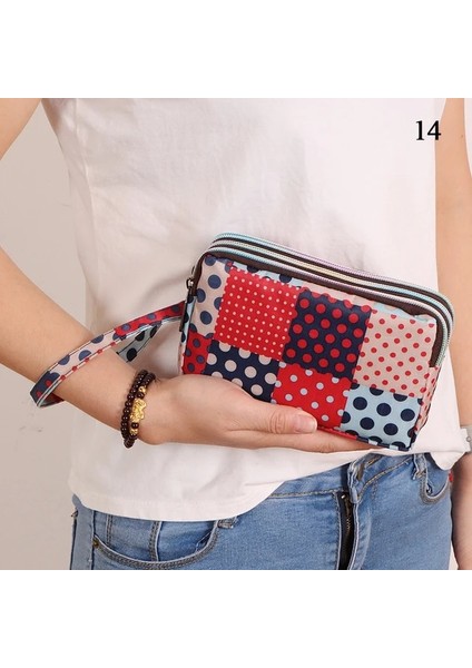 14 Kadın Çanta Baskı Tuval Üç Katmanlı Fermuarlı Cüzdan Çanta Taşınabilir Büyük Kapasiteli Su Geçirmez Bozuk Para Cüzdanı Cep Telefonu Cüzdanı (Yurt Dışından)