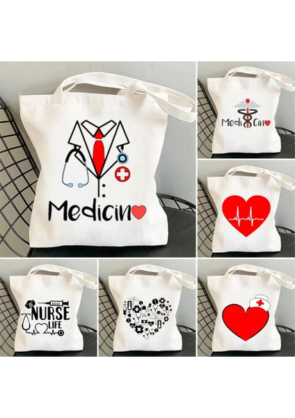 W9 35X40CM Tıp Sanat Hemşire Hayat Omuz Çantası Kırmızı Kalp Ekg Stetoskop Kanvas Tote Çanta Kadın Alışveriş Yeniden Kullanılabilir Rahat Kadın Çanta (Yurt Dışından) fiyatları