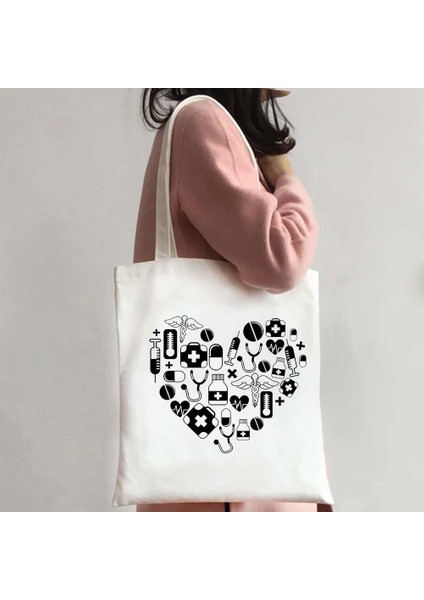 W9 35X40CM Tıp Sanat Hemşire Hayat Omuz Çantası Kırmızı Kalp Ekg Stetoskop Kanvas Tote Çanta Kadın Alışveriş Yeniden Kullanılabilir Rahat Kadın Çanta (Yurt Dışından) fırsatları