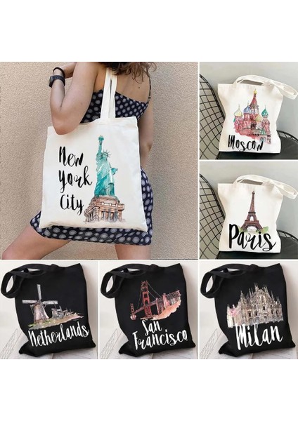 210 35X40CM Paris Milan New York Moskova Los Angeles Tajmahal San Francisco Hollanda Seyahat Şehir Kanvas Alışveriş Pamuk Tote Çanta Çanta (Yurt Dışından) fiyatları