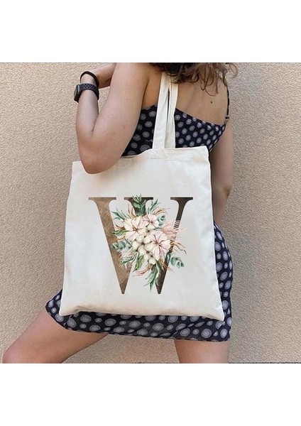 W 35X40CM Suluboya Çiçek Düğün Monogram Çiçekler Ilk Harf Baskı Kadın Kanvas Alışveriş Tote Çantaları Eko Yeniden Kullanılabilir Alışveriş Çantaları (Yurt Dışından)