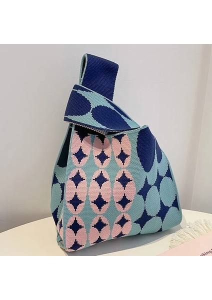Mavi Pembe Mini Kadın Kızlar Omuz Çantası Minimalist Kore Niş Tasarım Tote Çanta El Yapımı Düğüm Bilek Çanta El Yapımı Yeniden Kullanılabilir Örgü Çanta (Yurt Dışından)