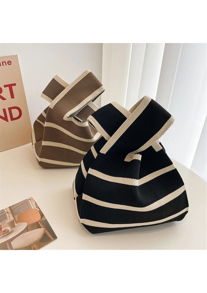 Siyah Gri Mini Kadın Kızlar Omuz Çantası Minimalist Kore Niş Tasarım Tote Çanta El Yapımı Düğüm Bilek Çanta El Yapımı Yeniden Kullanılabilir Örgü Çanta (Yurt Dışından) fırsatları