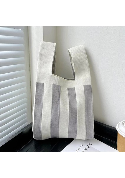 Gri Retro Çizgili Örme Çanta Çanta Minimalist Kore Kadın Mini Düğüm Bilek Çantası Tote Çanta Omuz Çantası Yeniden Kullanılabilir Alışveriş Çantası (Yurt Dışından)