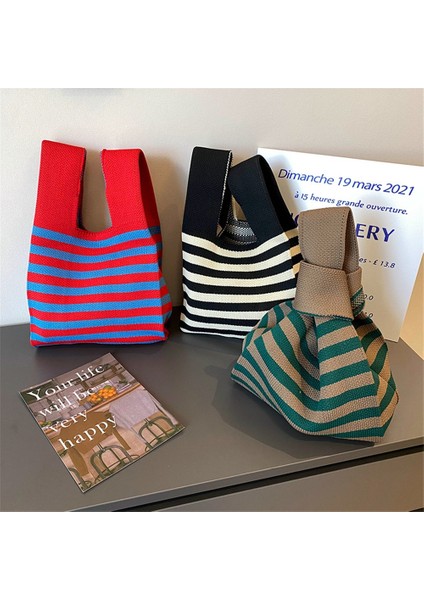 Gri Retro Çizgili Örme Çanta Çanta Minimalist Kore Kadın Mini Düğüm Bilek Çantası Tote Çanta Omuz Çantası Yeniden Kullanılabilir Alışveriş Çantası (Yurt Dışından) fiyatları