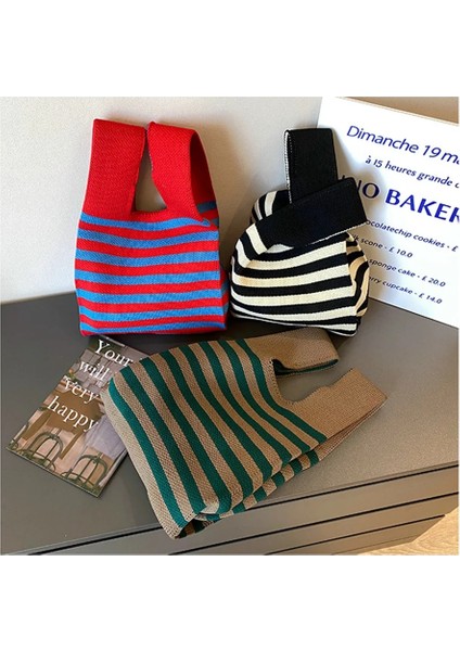 Gri Retro Çizgili Örme Çanta Çanta Minimalist Kore Kadın Mini Düğüm Bilek Çantası Tote Çanta Omuz Çantası Yeniden Kullanılabilir Alışveriş Çantası (Yurt Dışından) modelleri