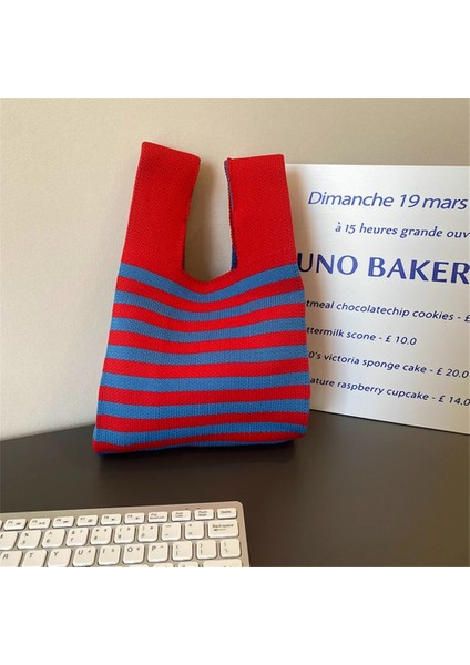 Gri Retro Çizgili Örme Çanta Çanta Minimalist Kore Kadın Mini Düğüm Bilek Çantası Tote Çanta Omuz Çantası Yeniden Kullanılabilir Alışveriş Çantası (Yurt Dışından) indirimleri