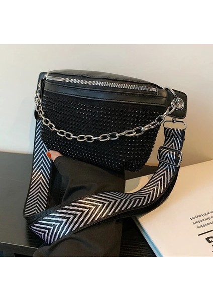 Siyah Kadın Zincir Bel Çantası Yumuşak Pu Deri Askılı Çanta Kadın Kemer Bel Çantası Moda Seyahat Para Telefonu Göğüs Muz Çantası Bel Paketleri (Yurt Dışından)