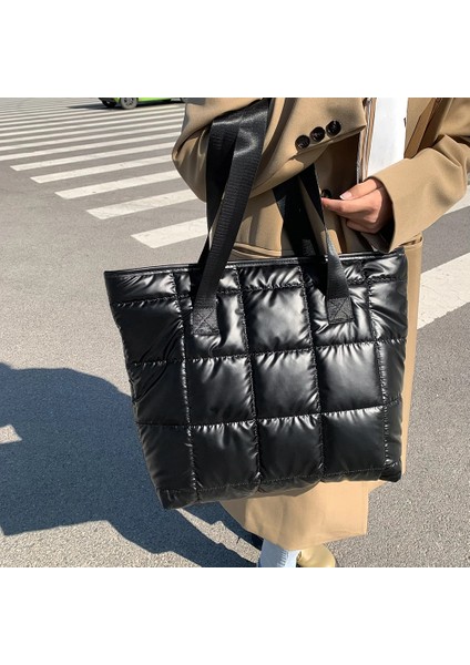 Gri Uzay Yastıklı Pamuk Kadın Çanta Kış Sıcak Büyük Kapasiteli Moda Kadın Omuz Çantası Naylon Kapitone Kafes Üst Saplı Çanta (Yurt Dışından)