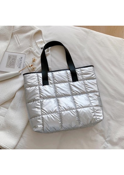 Gri Uzay Yastıklı Pamuk Kadın Çanta Kış Sıcak Büyük Kapasiteli Moda Kadın Omuz Çantası Naylon Kapitone Kafes Üst Saplı Çanta (Yurt Dışından) modelleri