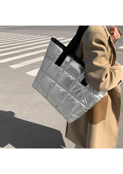 Gri Uzay Yastıklı Pamuk Kadın Çanta Kış Sıcak Büyük Kapasiteli Moda Kadın Omuz Çantası Naylon Kapitone Kafes Üst Saplı Çanta (Yurt Dışından) fırsatları