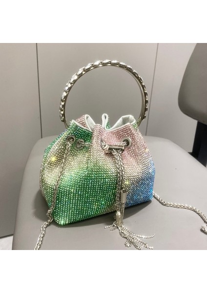 Gökkuşağı Orta Çantalar ve Çanta Çanta Kadınlar Için Lüks Tasarımcı Kova Debriyaj Çanta Akşam Ziyafet Çanta Kristal Rhinestone Omuz Çantaları (Yurt Dışından)