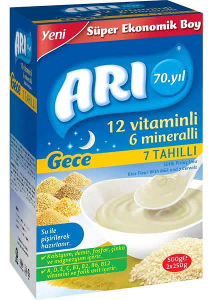 KTYRA52 Arı 12 Vitaminli 6 Mineralli 7 Tahıllı Sütlü Pirinç Unu Gece 500GR