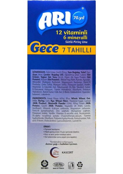 KTYRA52 Arı 12 Vitaminli 6 Mineralli 7 Tahıllı Sütlü Pirinç Unu Gece 500GR