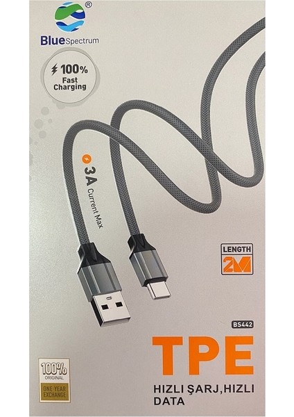 3A 2 Metre Type-C Hızlı Şarj ve Data Kablosu