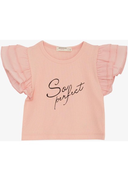 Kız Çocuk Tişört Kemer Boy Kolları Krep Kumaş Fırfırlı 3-7 Yaş, Somon