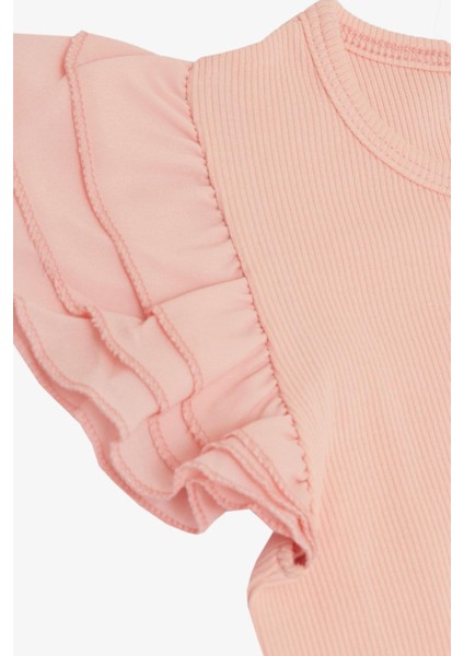 Kız Çocuk Tişört Kemer Boy Kolları Krep Kumaş Fırfırlı 3-7 Yaş, Somon fırsatları