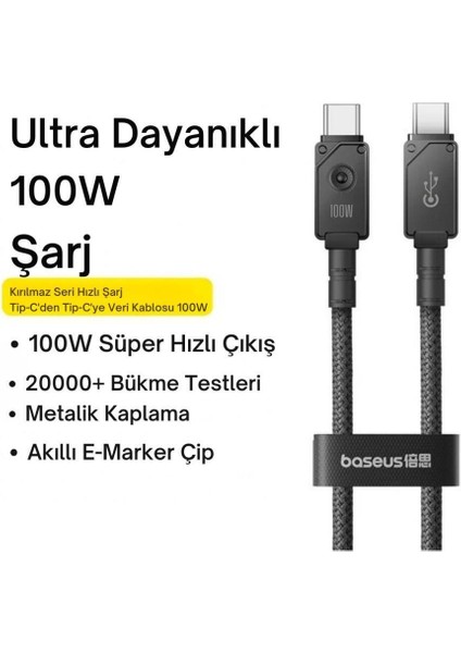 2mt 100W Mega Hızlı Type-C To Type Şarj Kablosu, E-Marker Çipli Aramid Fiber Kablolu Type C Kablo