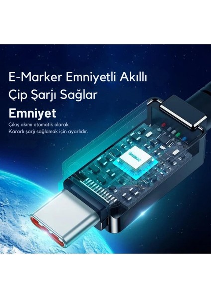 2mt 100W Mega Hızlı Type-C To Type Şarj Kablosu, E-Marker Çipli Aramid Fiber Kablolu Type C Kablo