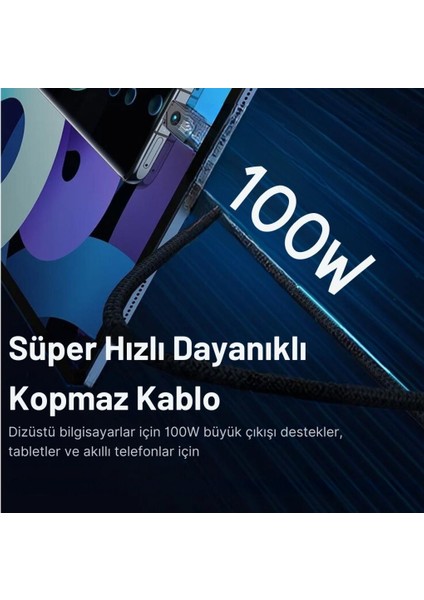 2mt 100W Mega Hızlı Type-C To Type Şarj Kablosu, E-Marker Çipli Aramid Fiber Kablolu Type C Kablo