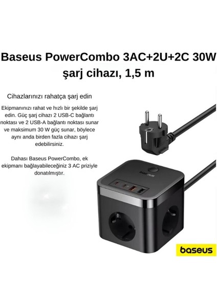 7in1 Masaüstü Şarj Istasyonu 30W 1.5mt  2 Usb, 2 Type-C Giriş ve 3 220V Ac Priz Çoğaltıcı