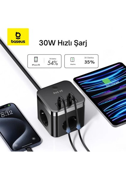 7in1 Masaüstü Şarj Istasyonu 30W 1.5mt  2 Usb, 2 Type-C Giriş ve 3 220V Ac Priz Çoğaltıcı