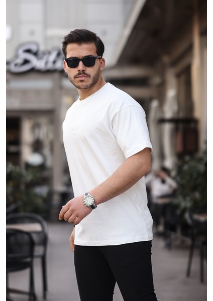 Beyaz Oversize %100 Pamuk 16/1 Kalın Gramaj Enjeksiyon Baskılı Erkek T-Shirt 3005