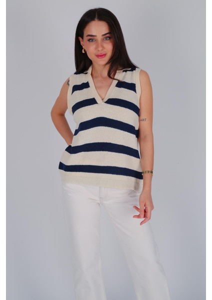Kadın Lacivert Çizgili Polo Yaka Sıfır Kol Triko Bluz modelleri